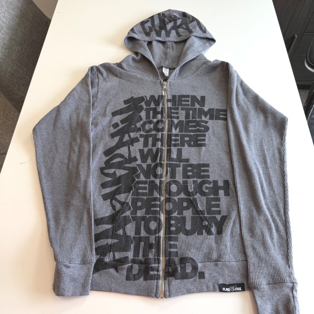 Flag Nor Fail Womens Gray Thermal Zip Up Hoodie Graphic Waffle Knit Small USA
